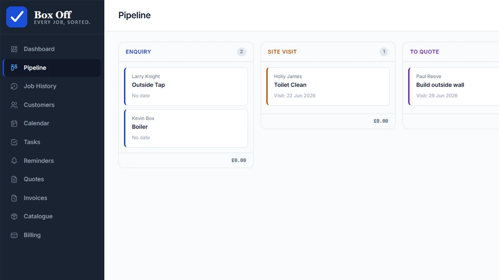 Box Off pipeline kanban board view