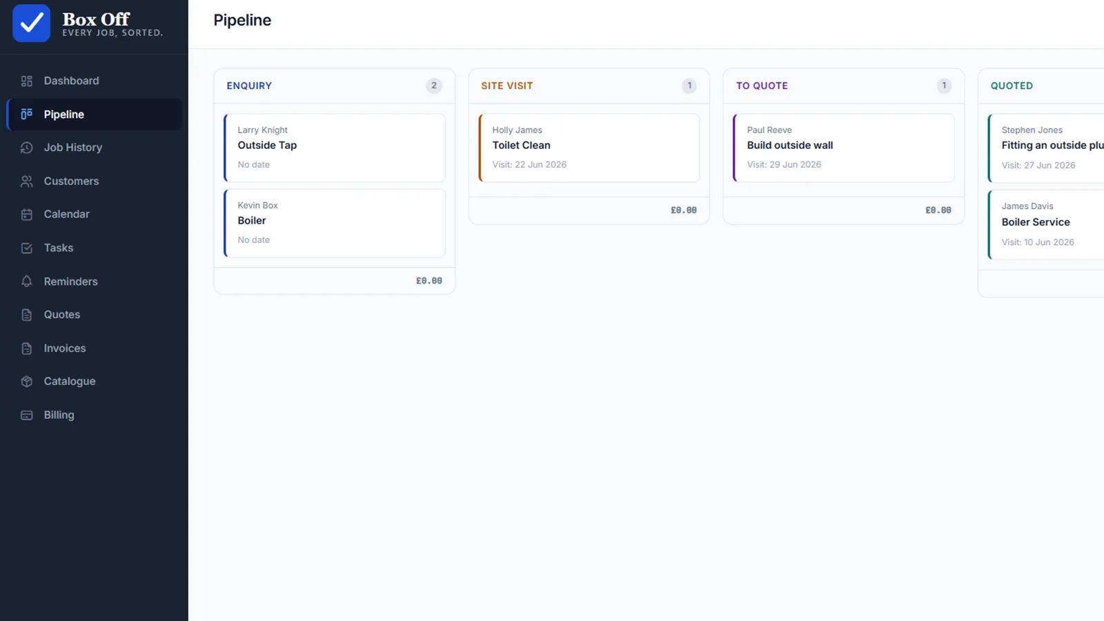 Box Off job pipeline kanban board