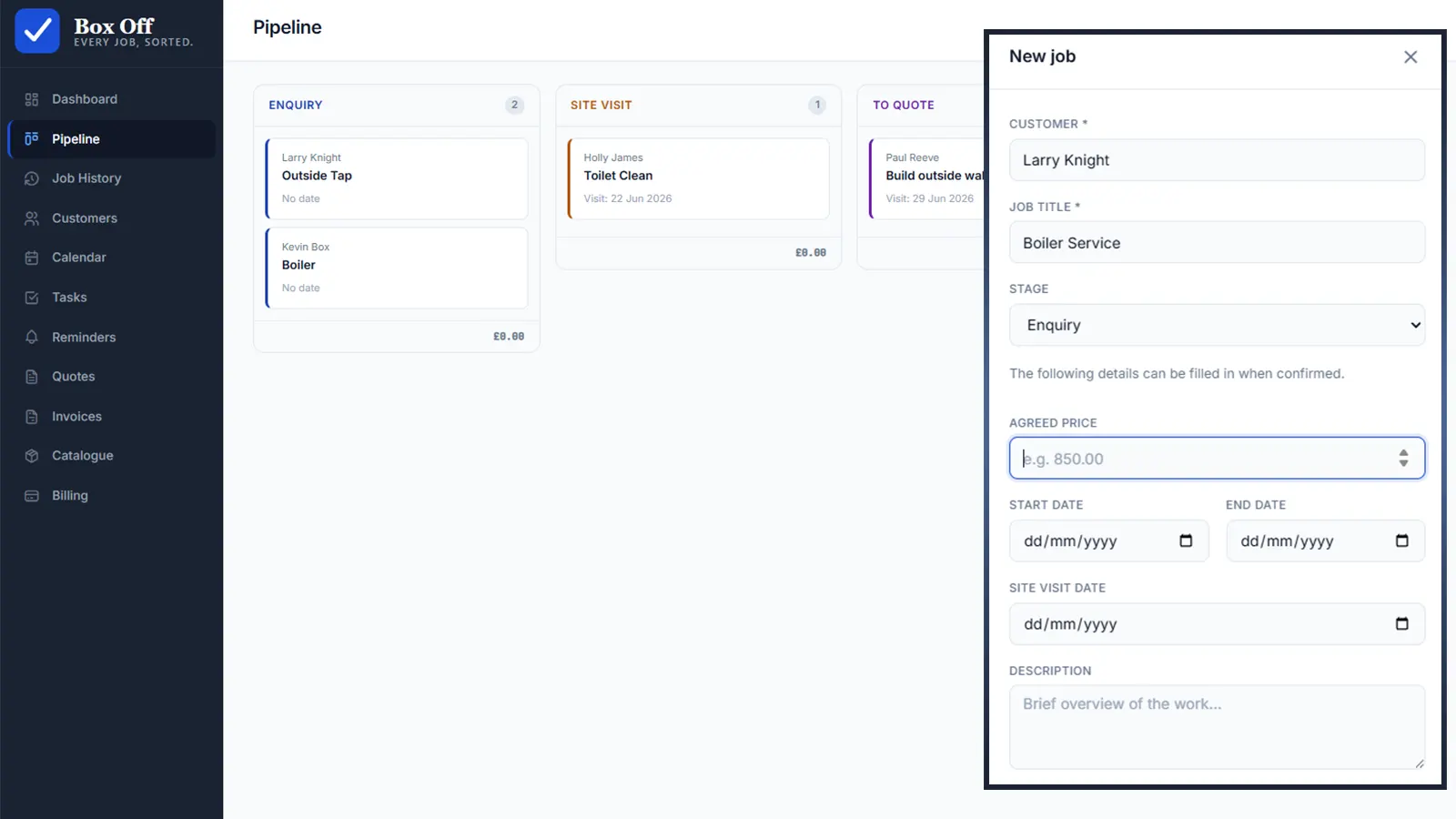 Job management software for tradesmen — Box Off dashboard